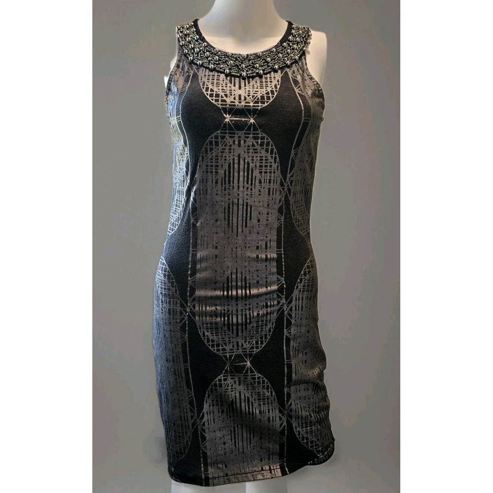 Custo Barcelona Black Silver Beaded Bodycon Dress Sz 1 Small Cocktail Party Club